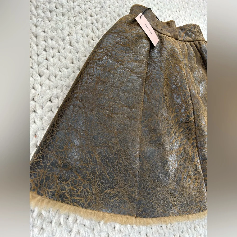 Miu Miu Brown Textured Leather & Sheep Skin Circle Skirt - Picture 10 of 15